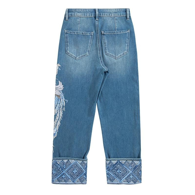 Phoenix-Embroidered Sequin Tapered Ankle Jeans