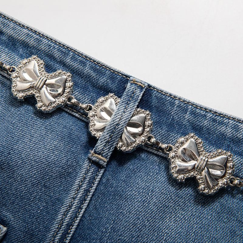 Rhinestone-Transferred & Embroidered Cut-Out Jeans