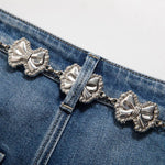 Rhinestone-Transferred & Embroidered Cut-Out Jeans