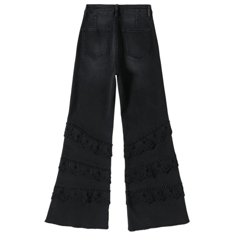 Pearl-Embellished Embroidered Patchwork Cut-Out Jeans