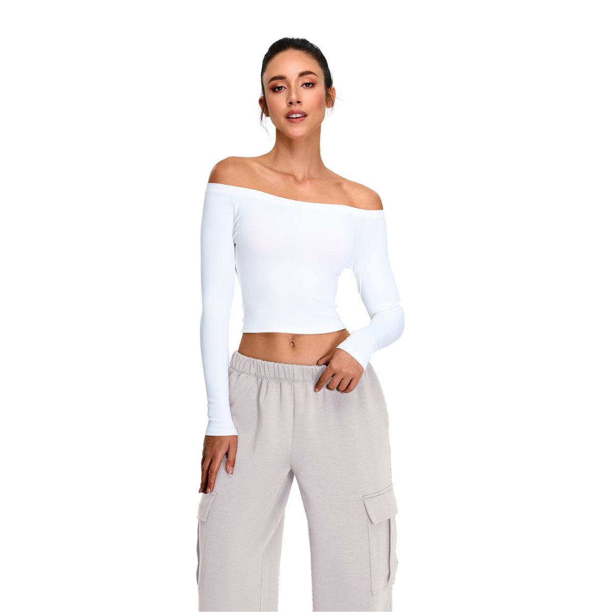 Off-Shoulder Seamless Long-Sleeve Crop Tee