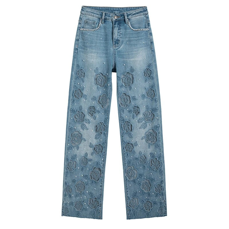 Rose Embroidered Lace-Cut Jeans with Pearl Beading