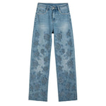 Rose Embroidered Lace-Cut Jeans with Pearl Beading