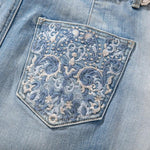 Raw-Edge Hem Heavily Embroidered Denim Skirt