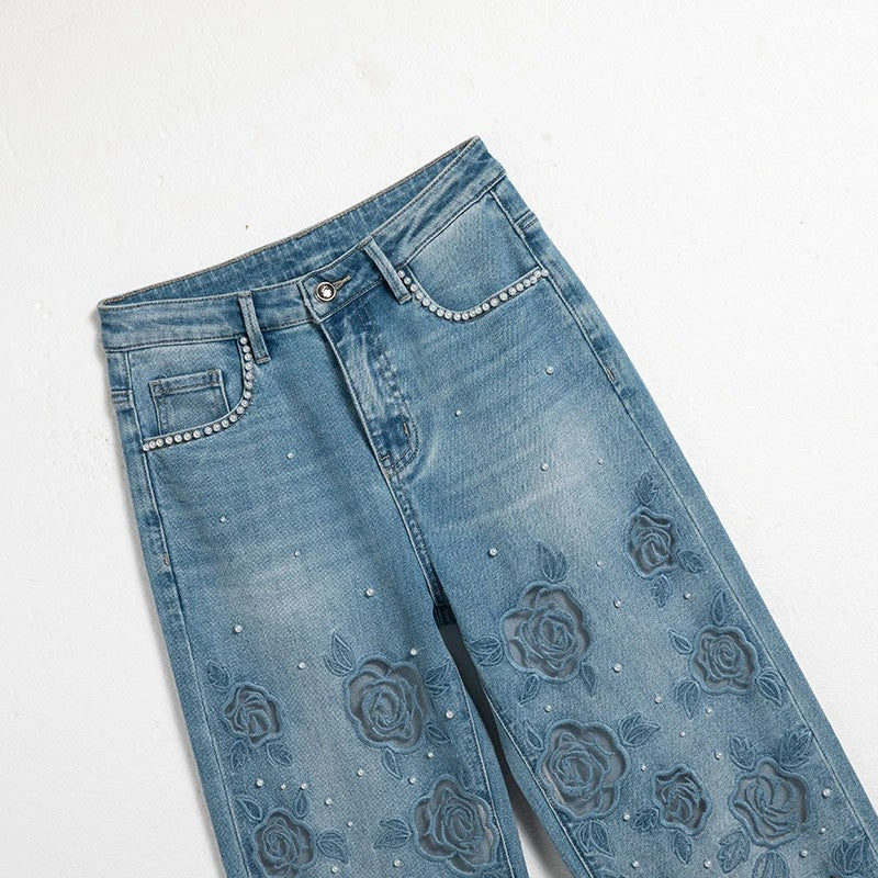 Rose Embroidered Lace-Cut Jeans with Pearl Beading