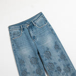 Rose Embroidered Lace-Cut Jeans with Pearl Beading