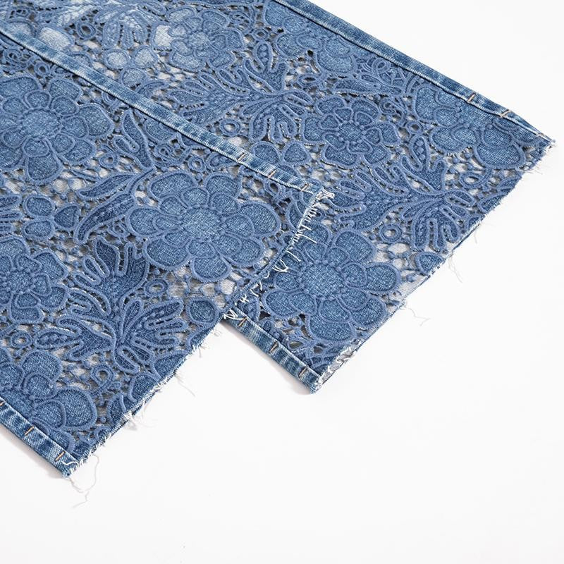 Raw Hem Floral Lace-Cut Jeans with Rhinestones