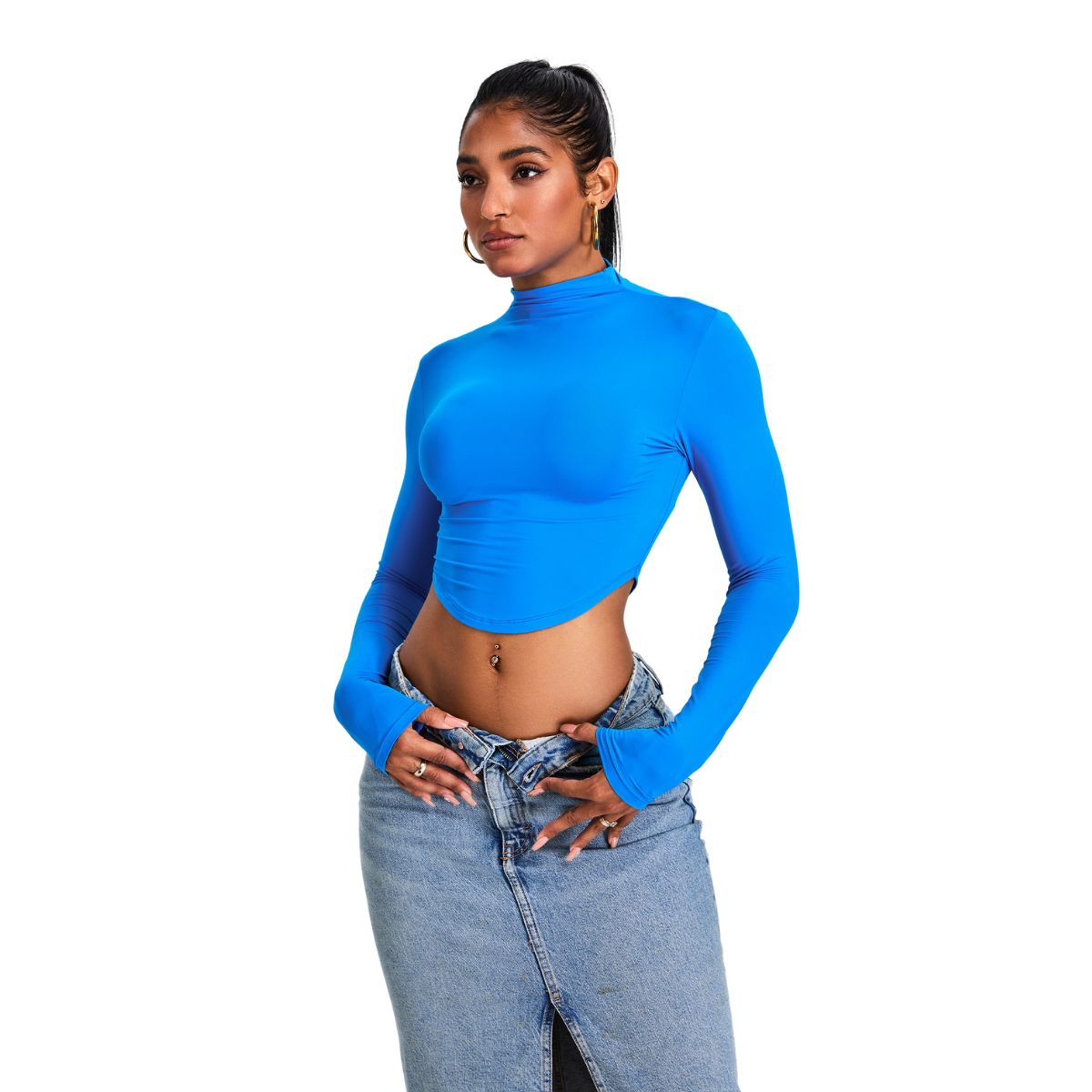 Mock Neck Curved-Hem Long-Sleeve Top