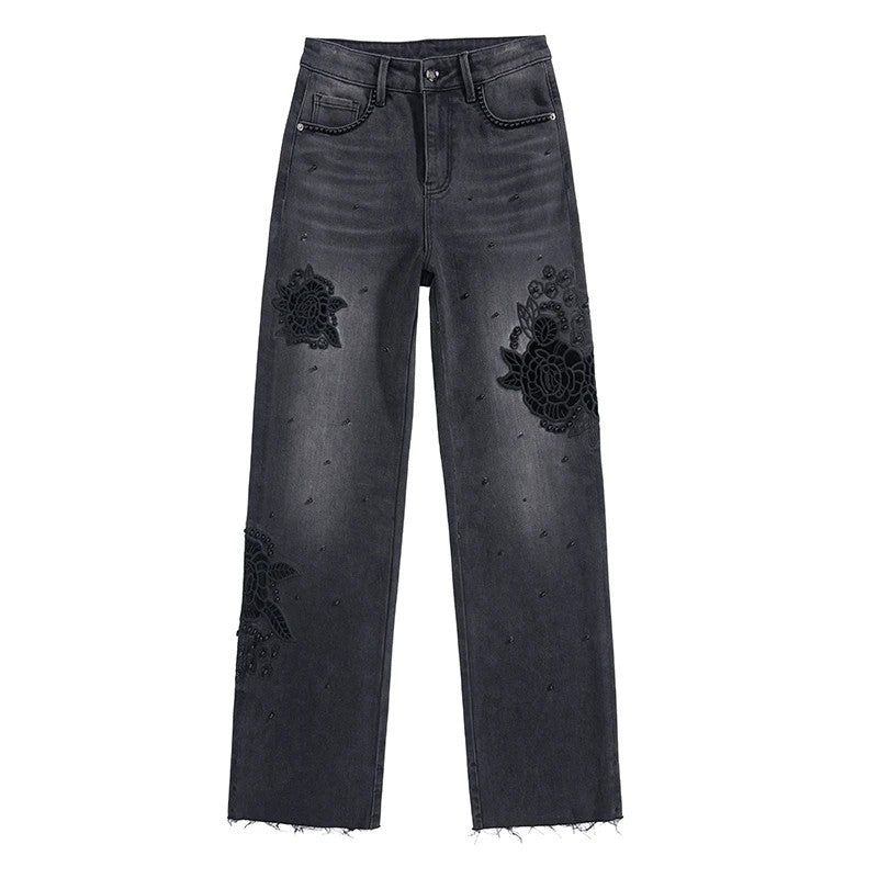 Pearl-Embellished Floral-Embroidered Whisker Jeans