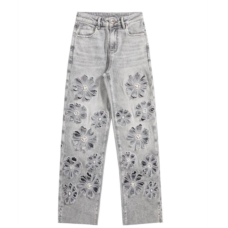 Beaded-Embroidered Floral Cut-Out Ankle Jeans