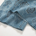 Rose Embroidered Lace-Cut Jeans with Pearl Beading