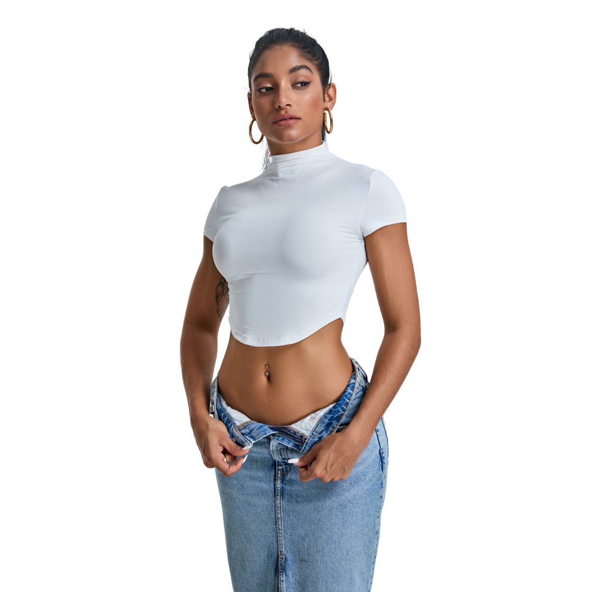 Mock Neck Curved-Hem Crop Tee