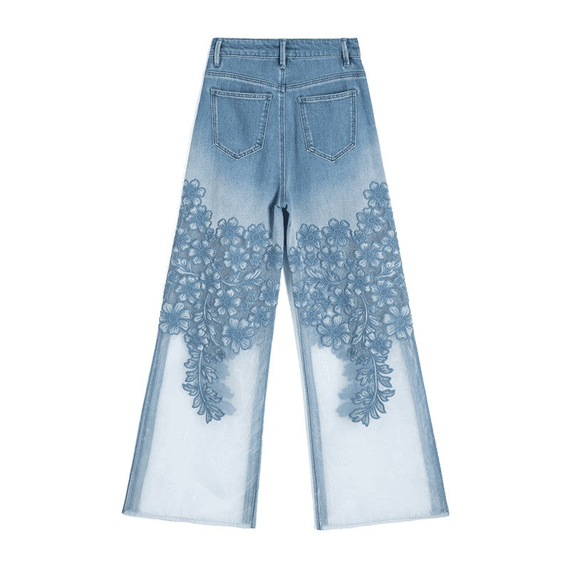 Organza Patchwork Floral-Embroidered Bootcut Jeans