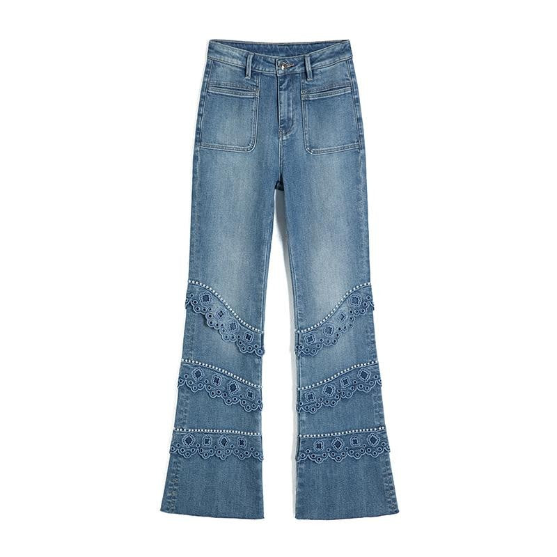 Pearl-Embellished Embroidered Patchwork Cut-Out Jeans