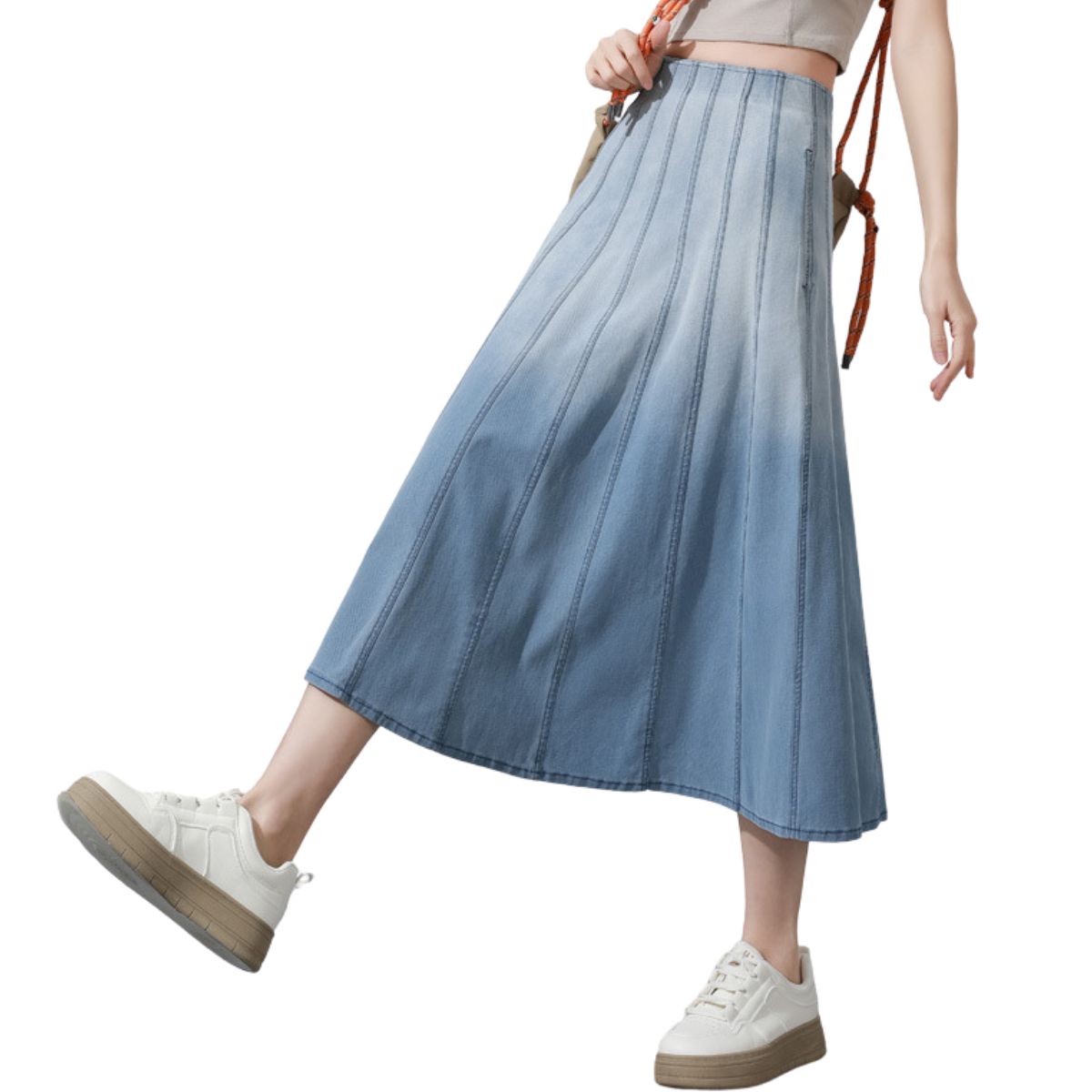 High-Waisted Pleated Knit Denim Midi Skirt