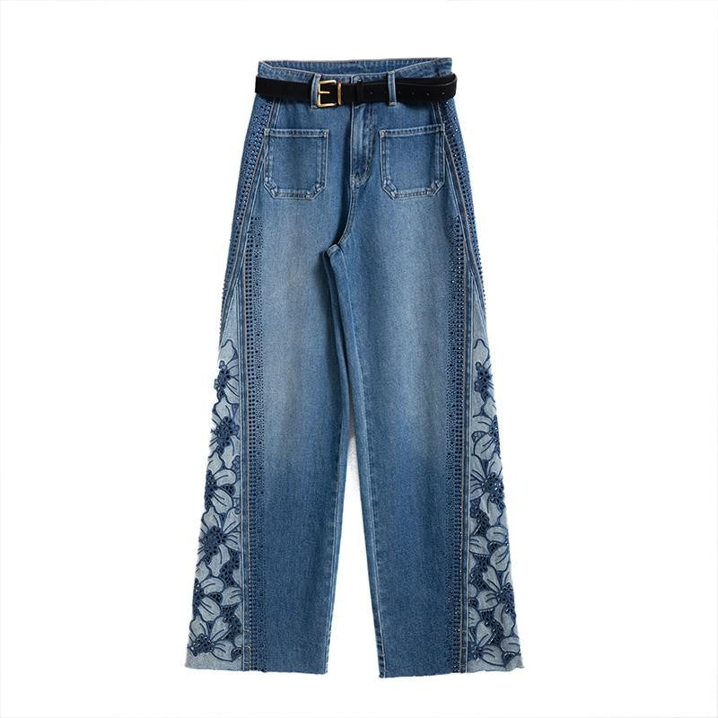 Floral-Embroidered Cut-Out Jeans with Rhinestones
