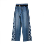 Floral-Embroidered Cut-Out Jeans with Rhinestones