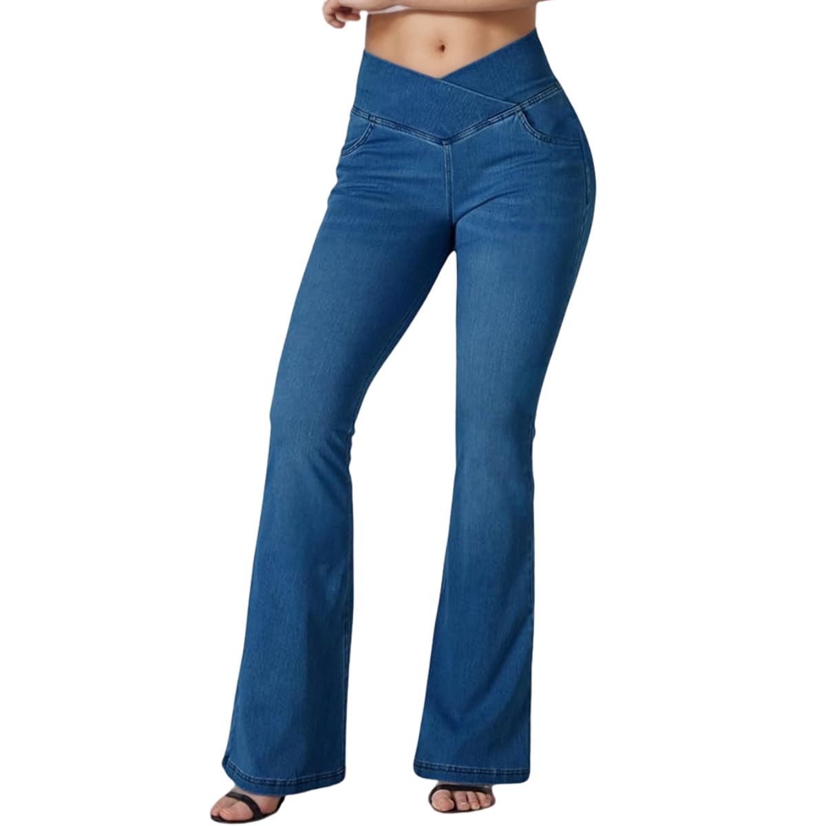 Crossover Waist Knit Denim Bootcut Pants