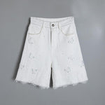 Pearl-embellished Embroidered Butterfly Denim Shorts