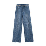 Rhinestone-Transferred & Embroidered Cut-Out Jeans
