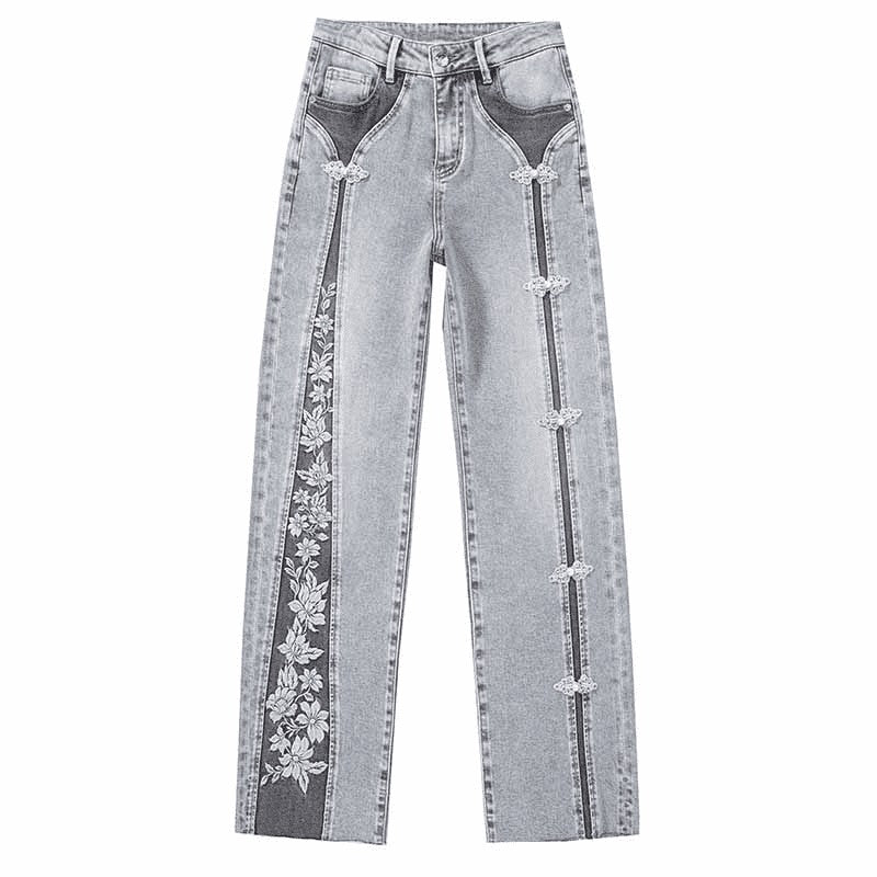 Patchwork Pearl-Frog Closure Embroidered Jeans