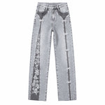Patchwork Pearl-Frog Closure Embroidered Jeans