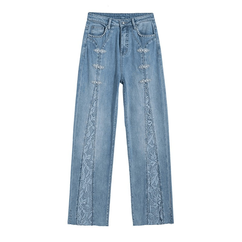 Pearl-Beaded Frog Closure Jeans with Cut-Outs