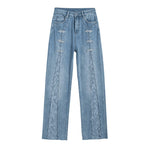 Pearl-Beaded Frog Closure Jeans with Cut-Outs