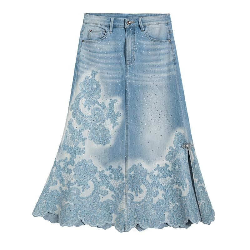 Heavy-Embroidered Rhinestone Denim A-Line Skirt