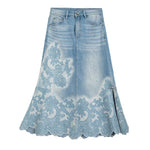 Heavy-Embroidered Rhinestone Denim A-Line Skirt