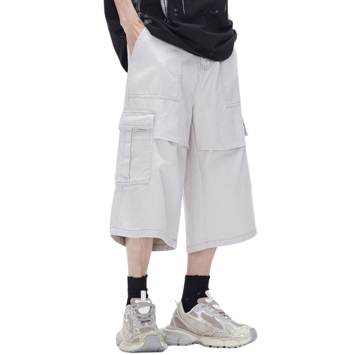 Solid Cargo Wide-Leg Cropped Pants