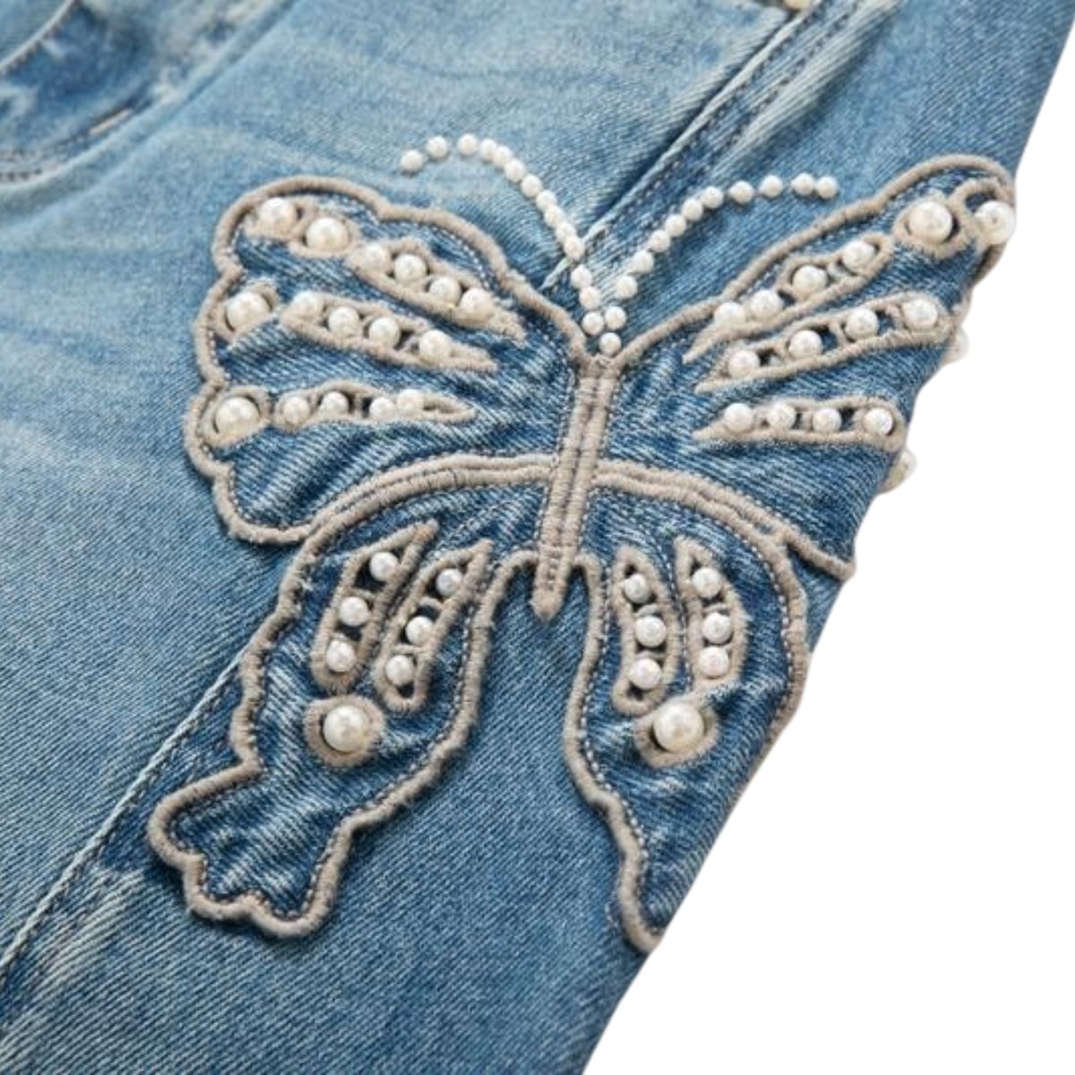 Pearl-Embellished & Butterfly-Embroidered Baggy Jeans