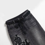 Embroidered & Rhinestone-Transferred Denim Skirt