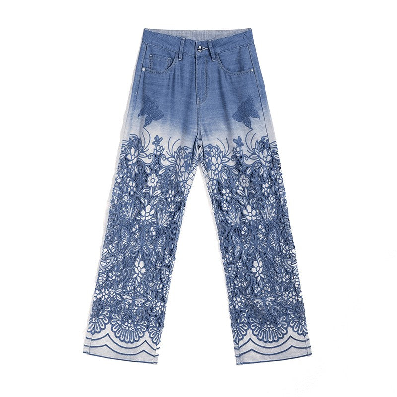 Butterfly Floral Embroidered Cut-Outs Ombré Jeans