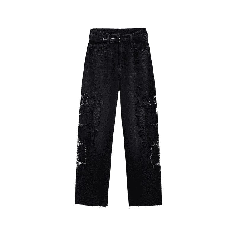 High-Waisted Pearl-Beaded Cut-Out Jeans