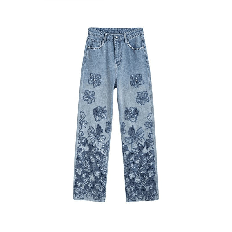 Floral Embroidered Pearl-Beaded Cut-Out Jeans