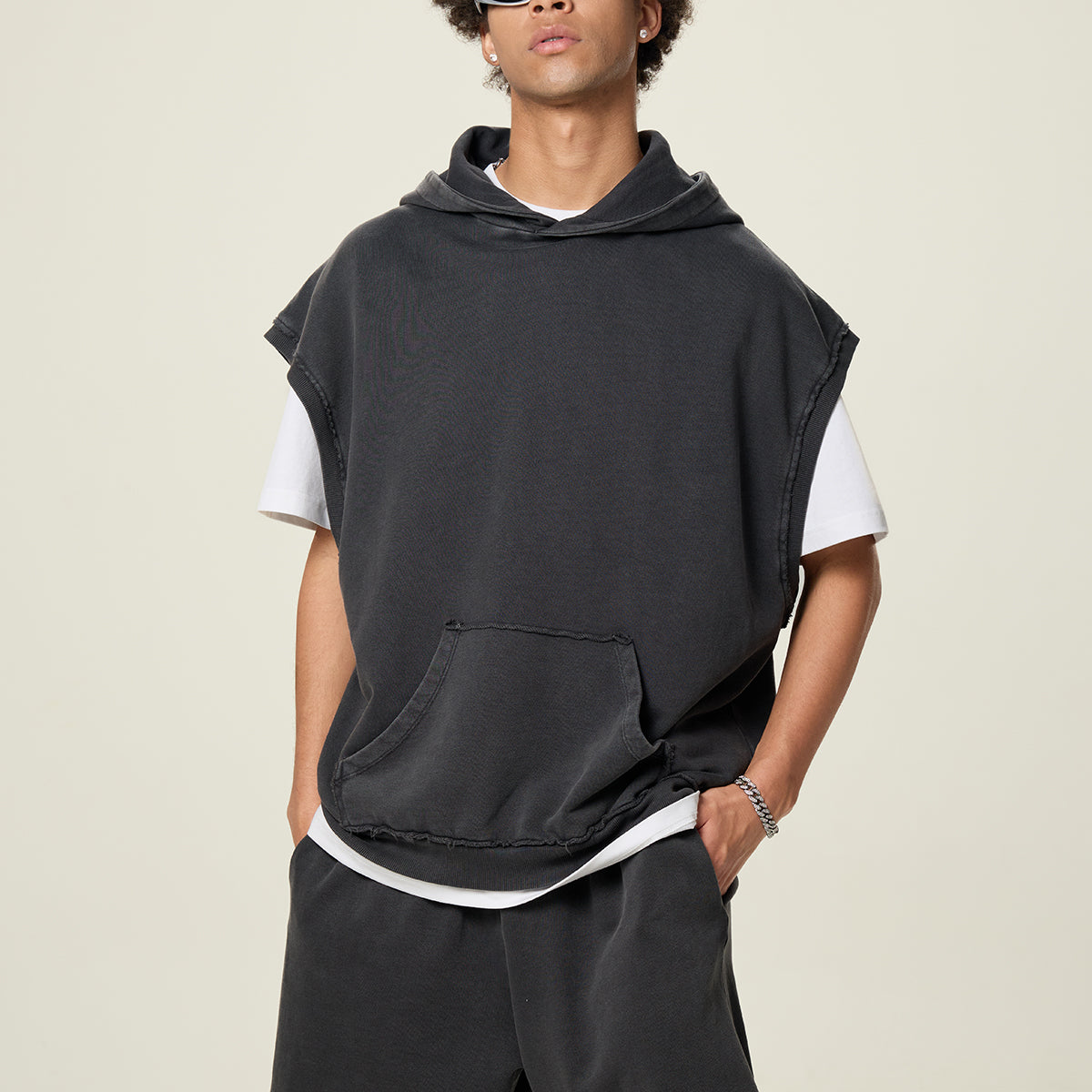 Raw Edge Sleeveless Boxy Hoodie