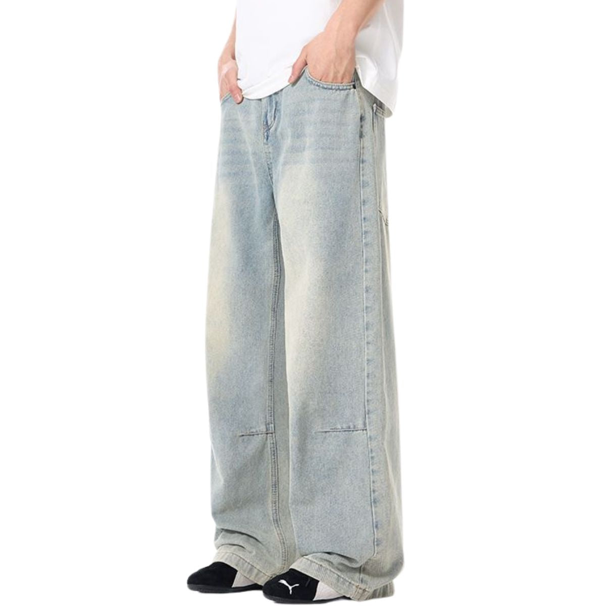Vintage-Wash Wide-Leg Denim Pants