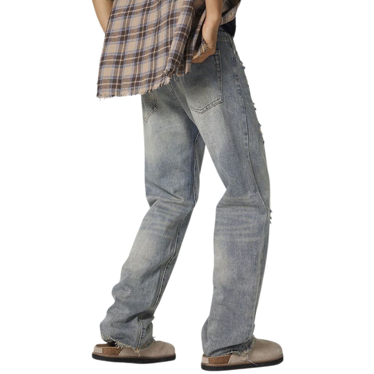 Vintage-Wash Ripped Denim Pants