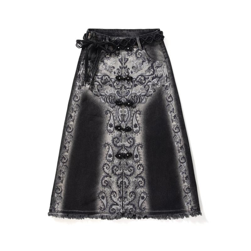 Raw-Edge Hem Heavily Embroidered Denim Skirt
