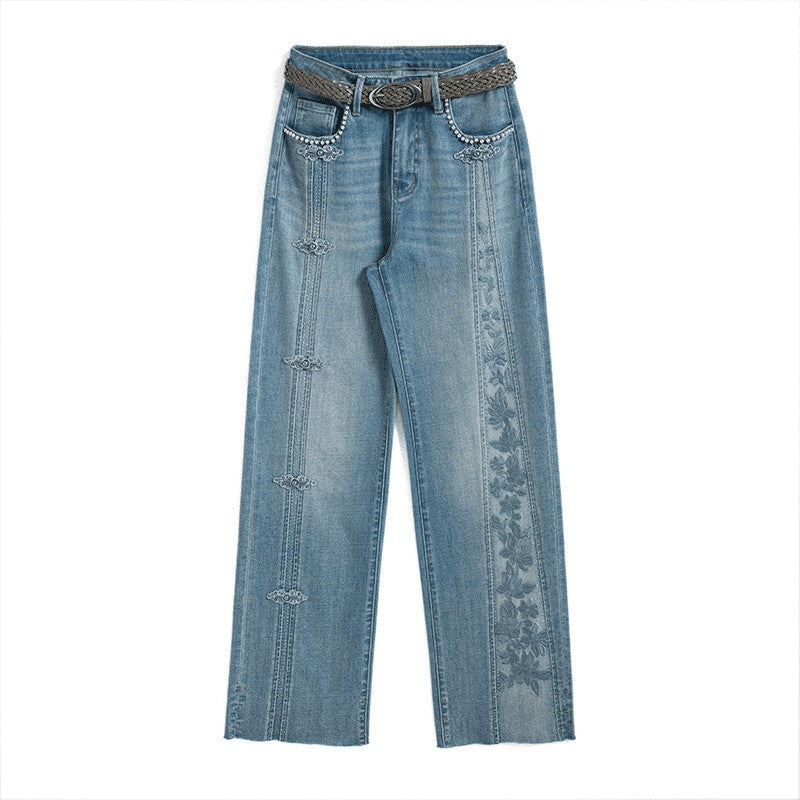 Pearl-Frog Embroidered Wide-Leg Jeans