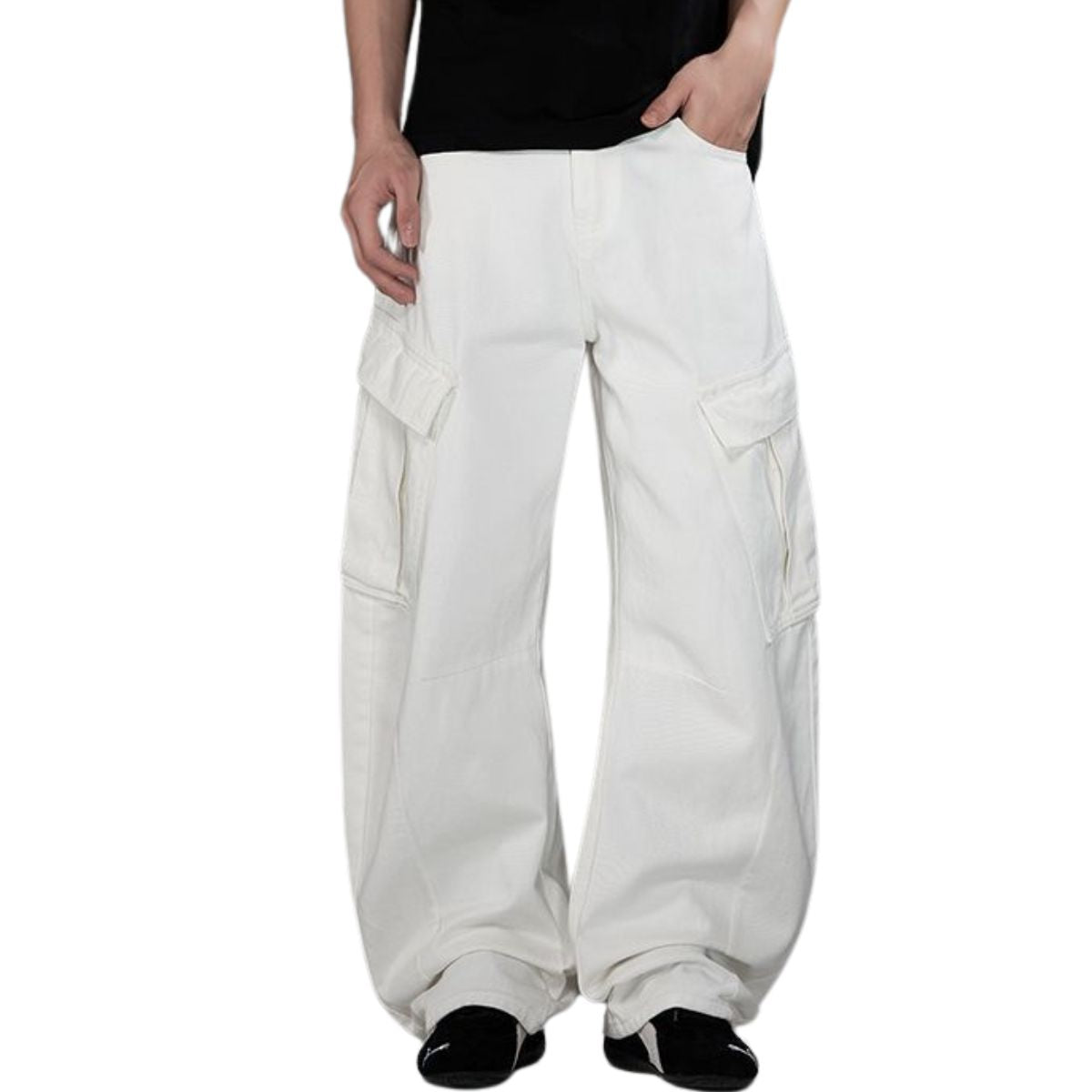 White Barrel-Leg Utility Cargo Pants