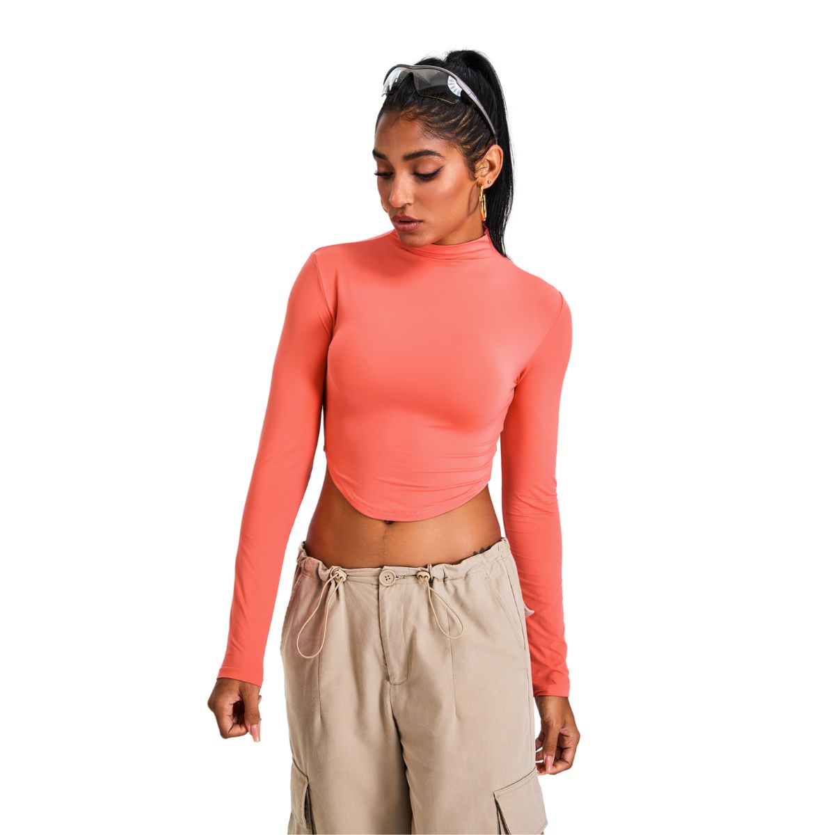 Mock Neck Curved-Hem Long-Sleeve Top