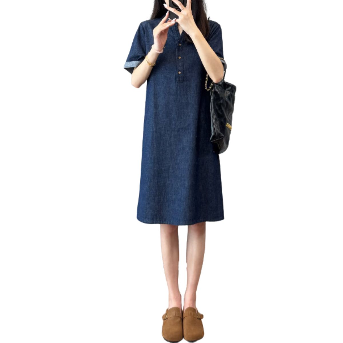 Loose Fit Rolled-Up Sleeve Denim Dress