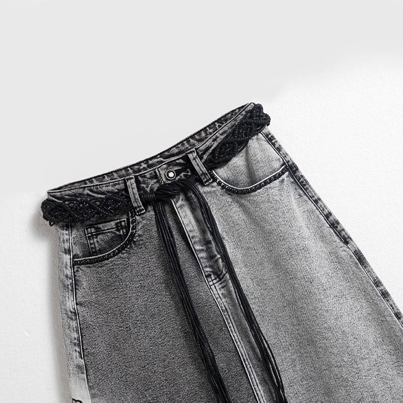 Vintage-Wash Pearl-Embroidered Denim Skirt
