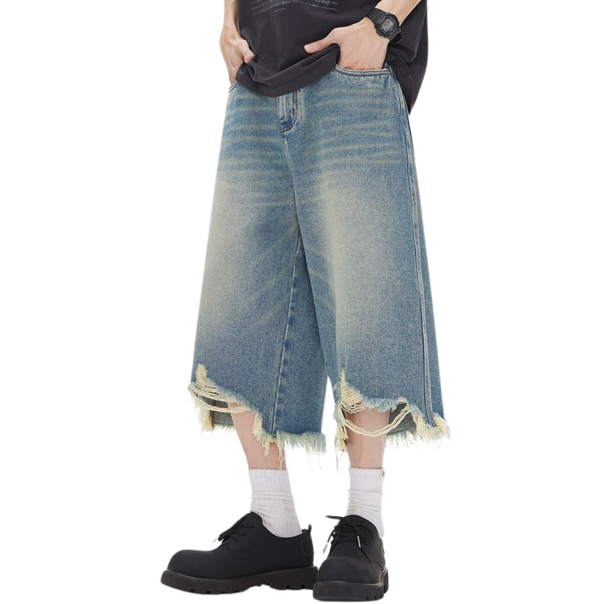 Destroyed Raw-Hem Wide-Leg Cropped Jeans