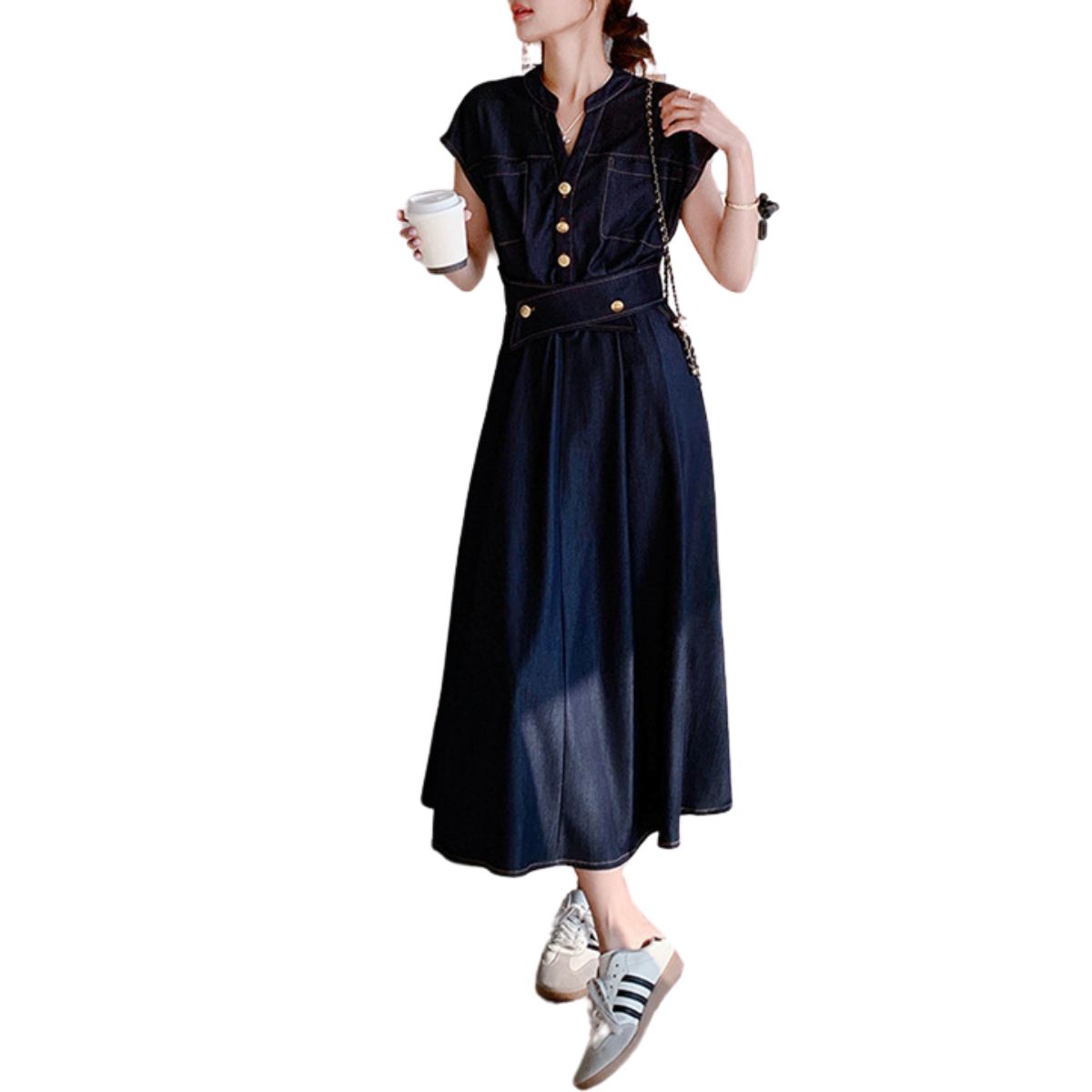 Relaxed Fit Cap Sleeve Denim Midi Dress