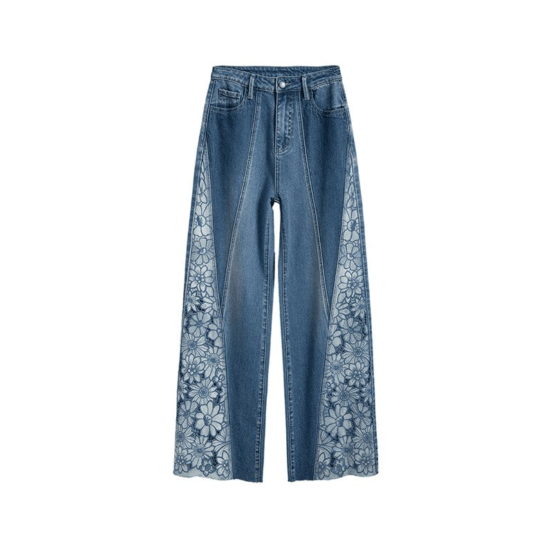 Floral Embroidered Cut-Out Baggy Jeans