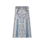 Raw-Edge Hem Heavily Embroidered Denim Skirt
