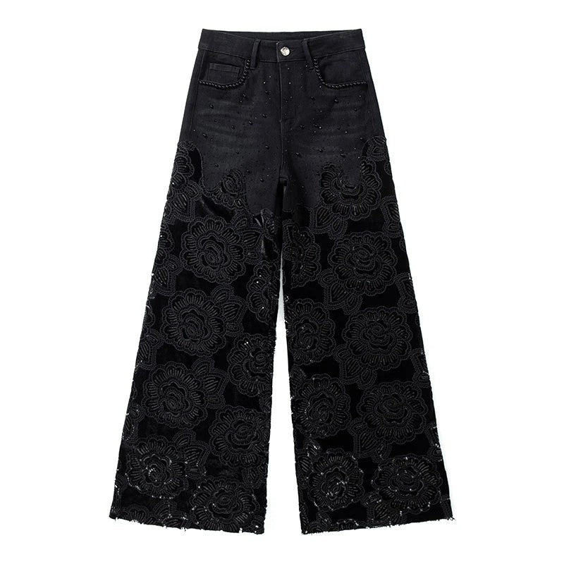 Patchwork Floral-Embroidered Sequined Bootcut Jeans